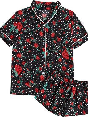 Women's Satin Sleepwear Button Short Sleeve Shirt and Shorts Pajama Set Dots Mul